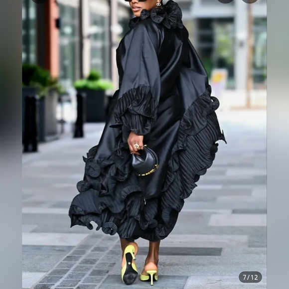 Women's Elegant Ruffled Cape Dress, 3-Dimensional Ruffle Design, Satin Material. - Picture 2 of 7